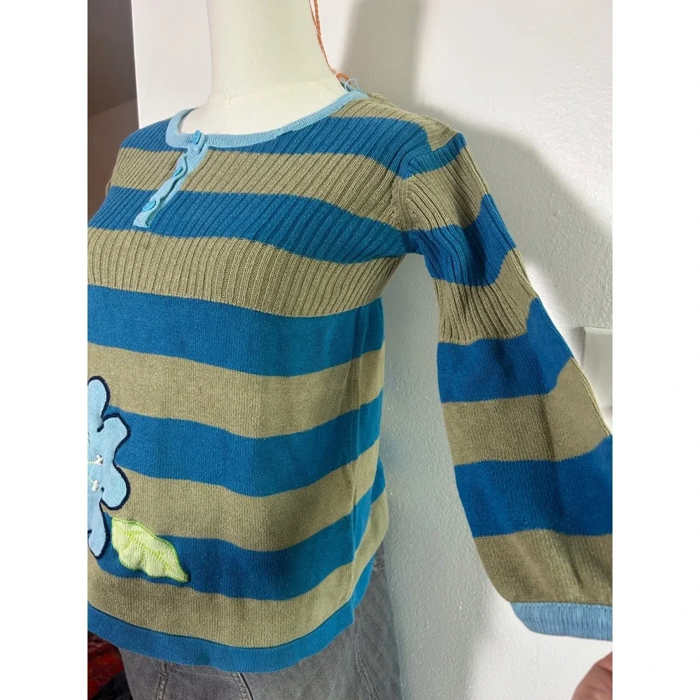 Kids Blue Khaki Striped Flower Applique Sweater Top Long Sleeve Henley‎